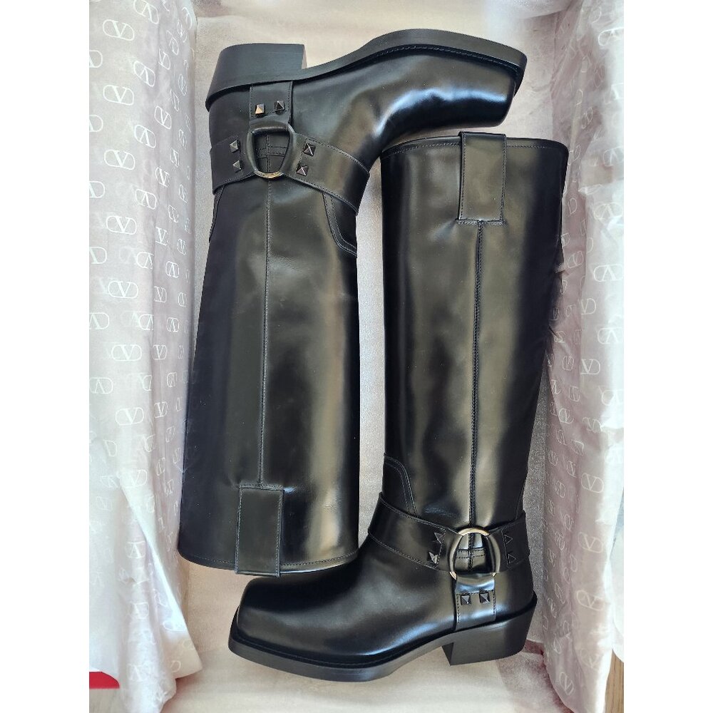 NEW Valentino Garavani Rockstud 40mm Biker Leather Boots Sz. 38.5